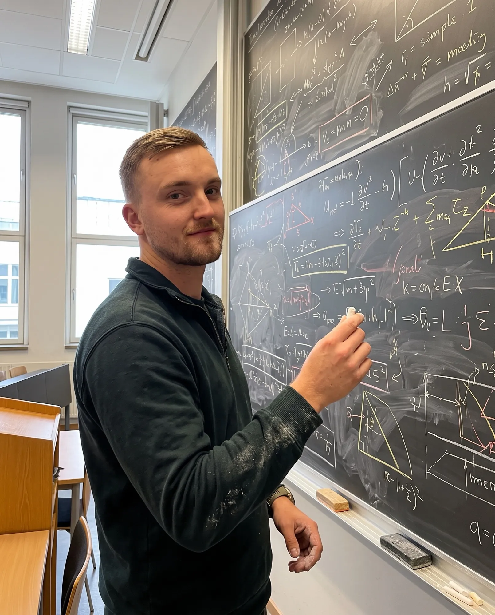 Världens smartaste människa framför en tavla full av formler
